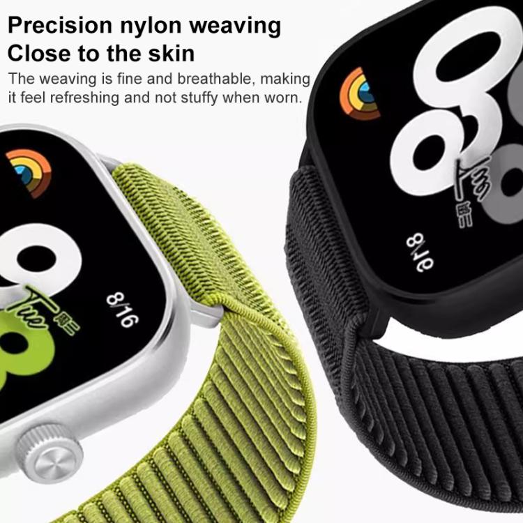 Lime green and black woven nylon watch bands shown on smartwatches