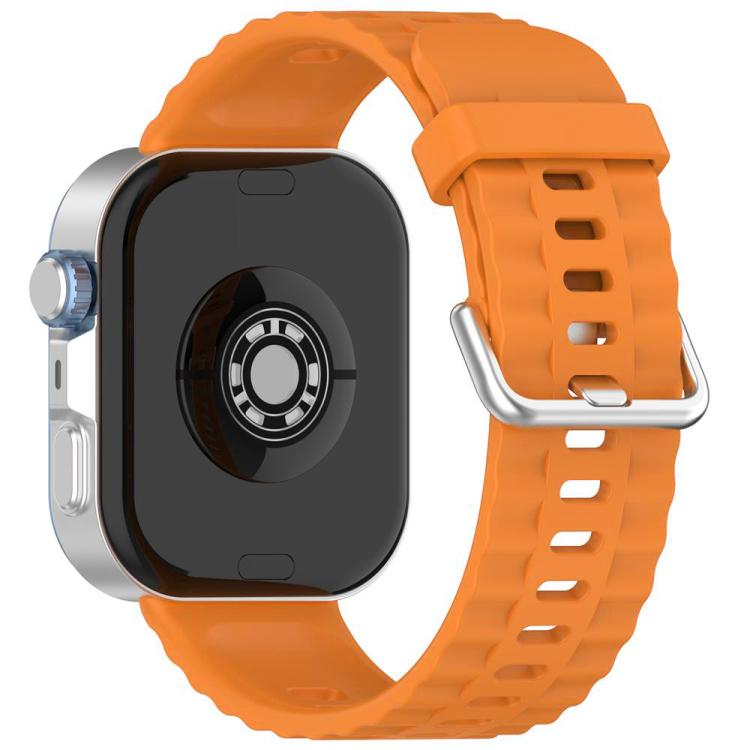 Orange silicone watch band with silver buckle, shown attached to a smartwatch