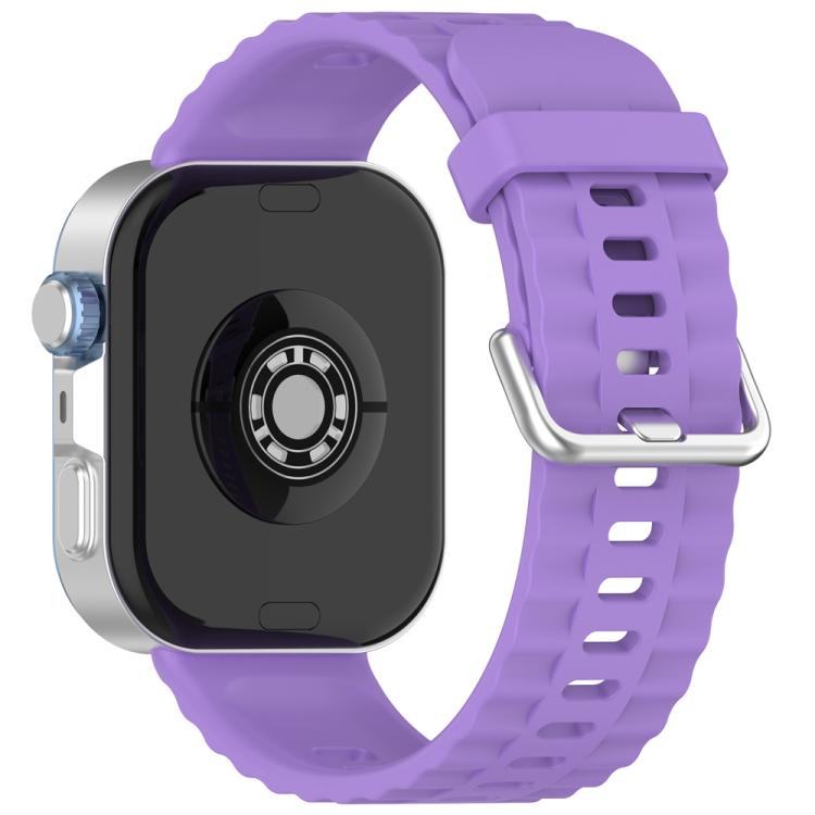 Purple silicone watch band with silver buckle, shown attached to a smartwatch