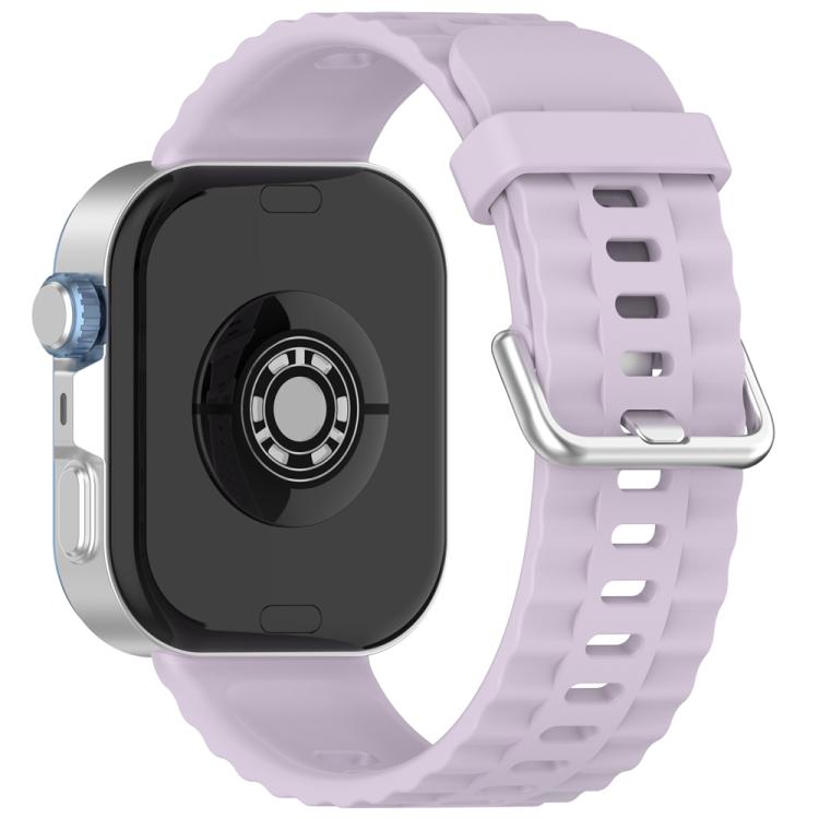 Light purple silicone watch band with silver buckle, shown attached to a smartwatch