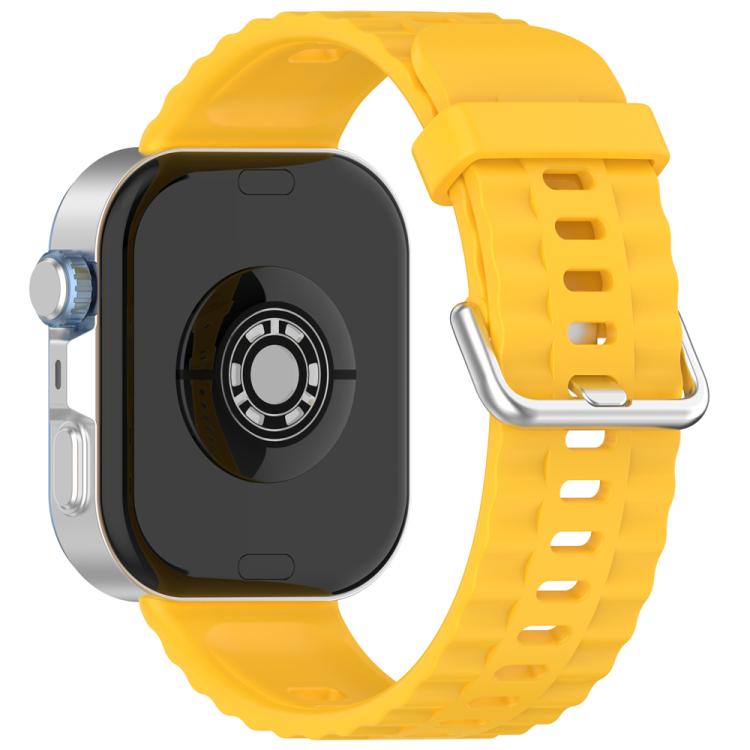 Yellow silicone watch band with silver buckle, shown attached to a smartwatch