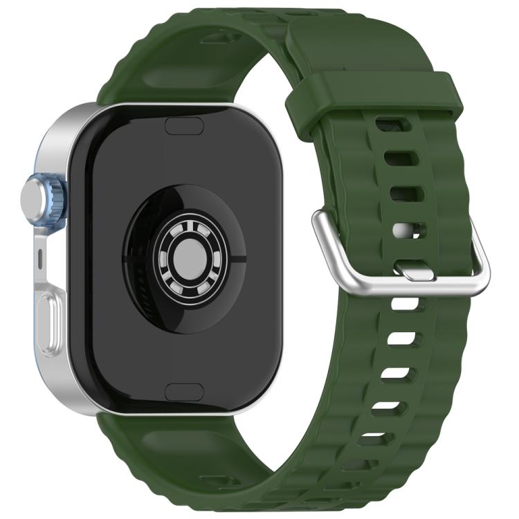 Dark green silicone watch band with silver buckle, shown attached to a smartwatch