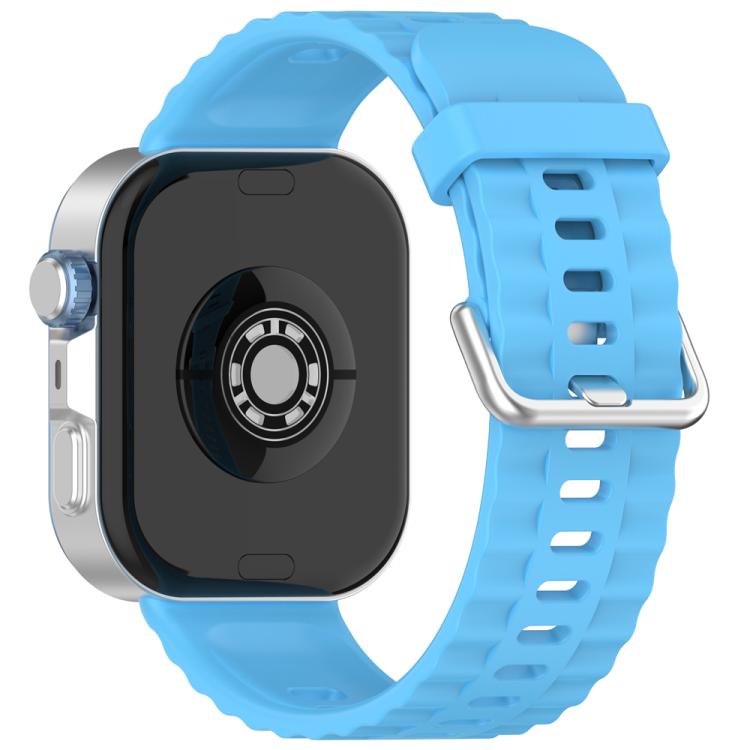 Blue silicone watch band with silver buckle, shown on a smartwatch