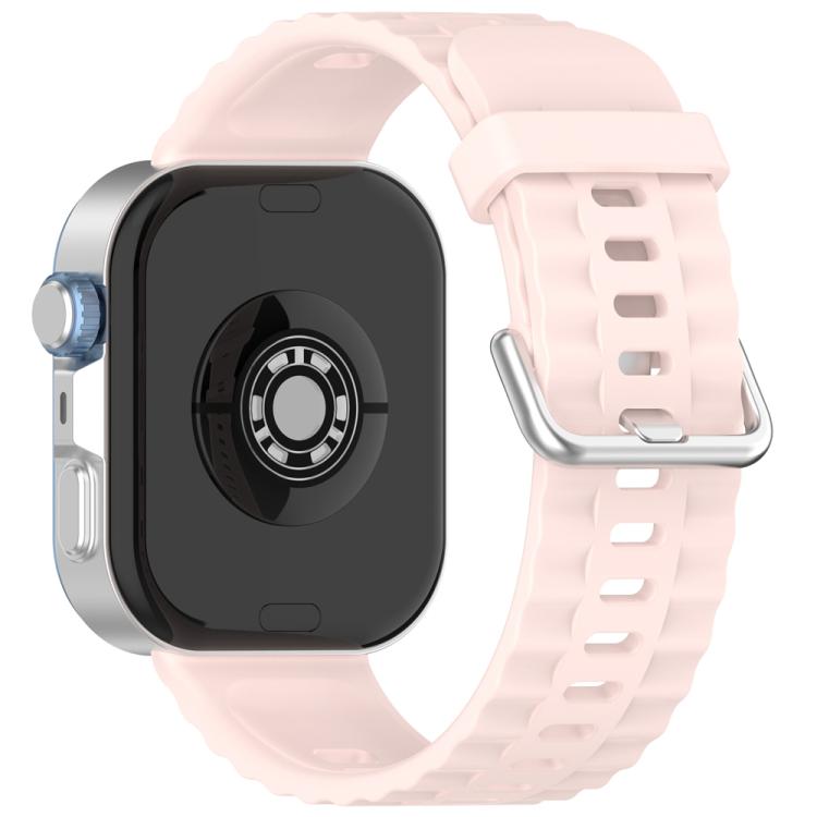 Light pink silicone watch band with silver buckle, shown on a smartwatch
