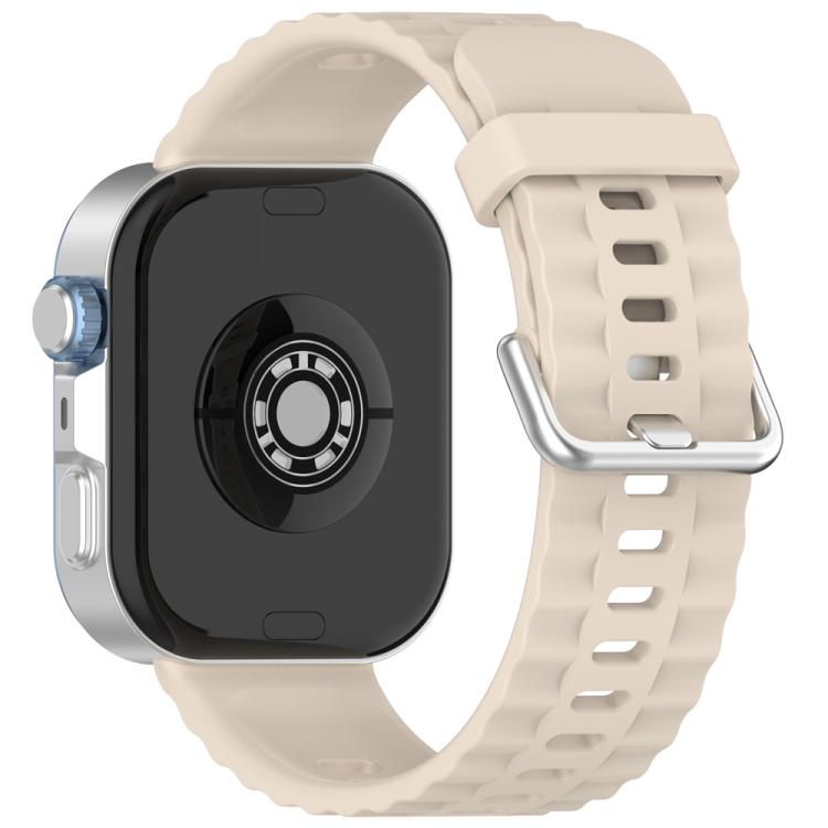 Ivory silicone watch band with silver buckle, shown on a smartwatch