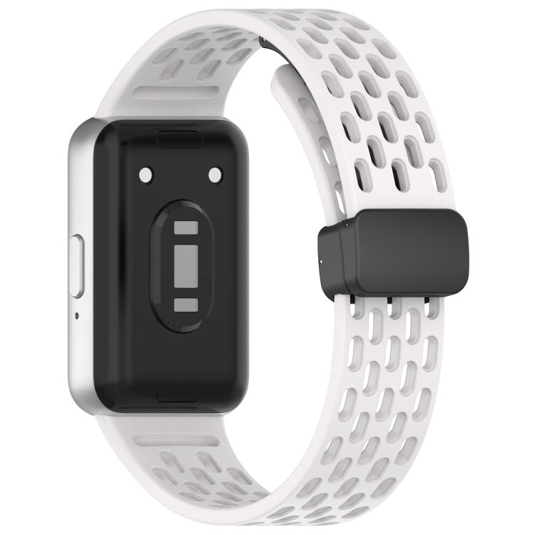 Back view of white perforated silicone Galaxy Fit3 band with black magnetic buckle