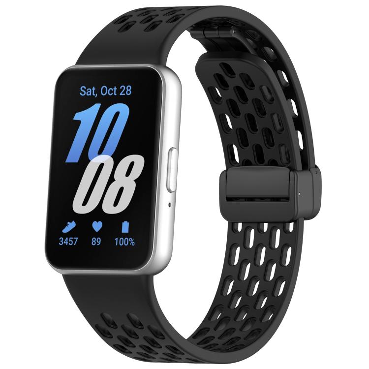 Black perforated silicone watch band with black magnetic buckle on Galaxy Fit3