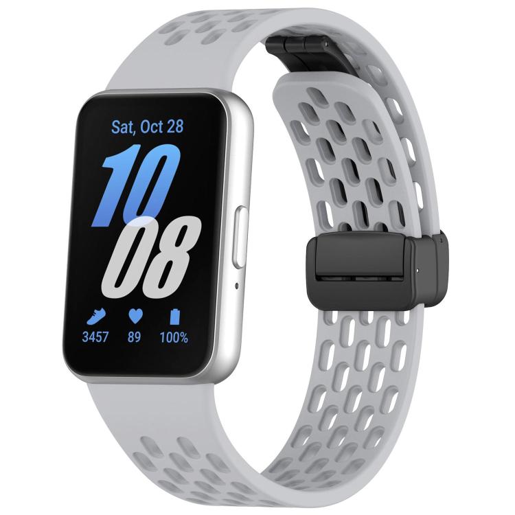 Light gray perforated silicone Galaxy Fit3 watch band with black magnetic buckle