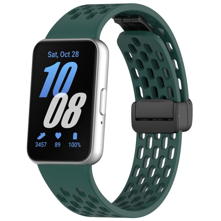 Pine green perforated silicone watch band with black magnetic buckle on Galaxy Fit3