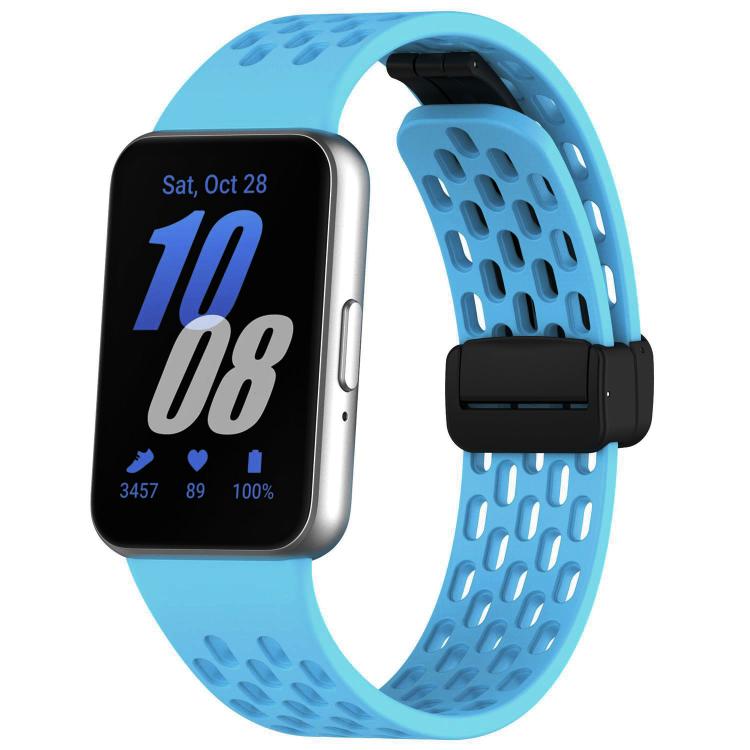 Sky blue perforated silicone watch band with black magnetic buckle on Galaxy Fit3