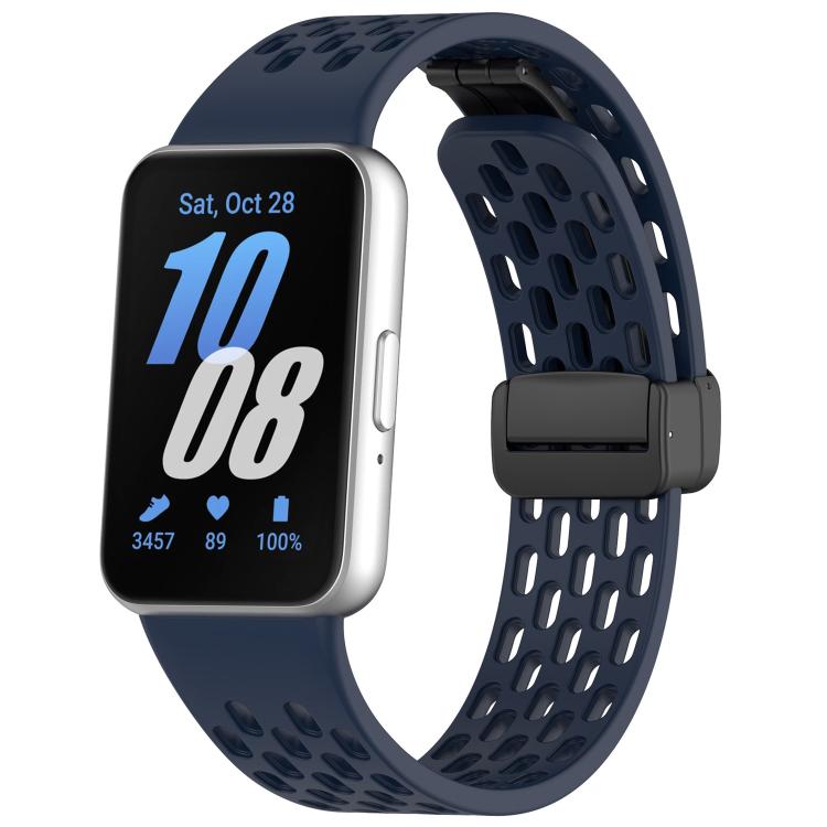 Midnight blue perforated silicone watch band with black magnetic buckle on Galaxy Fit3