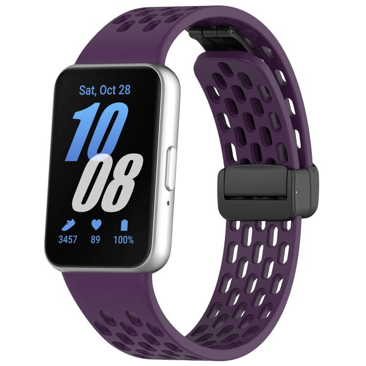 Purple perforated silicone Galaxy Fit3 watch band with black magnetic buckle