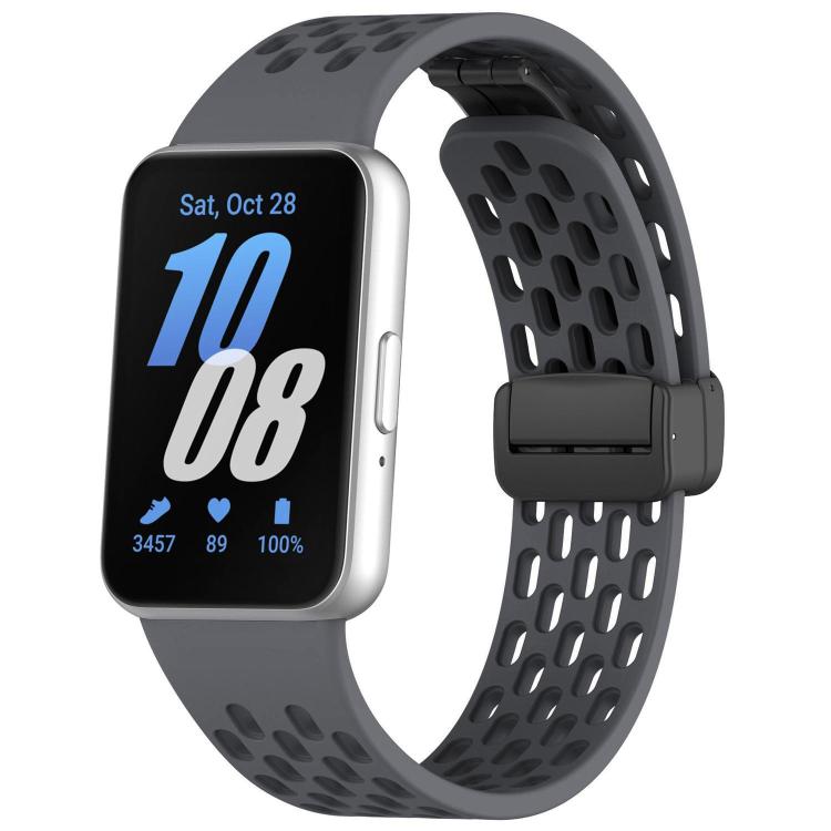 Dark gray perforated silicone Galaxy Fit3 watch band with black magnetic buckle