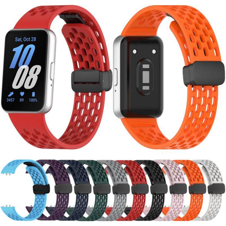 Perforated silicone Galaxy Fit3 watch bands in red and orange, with a row of color options