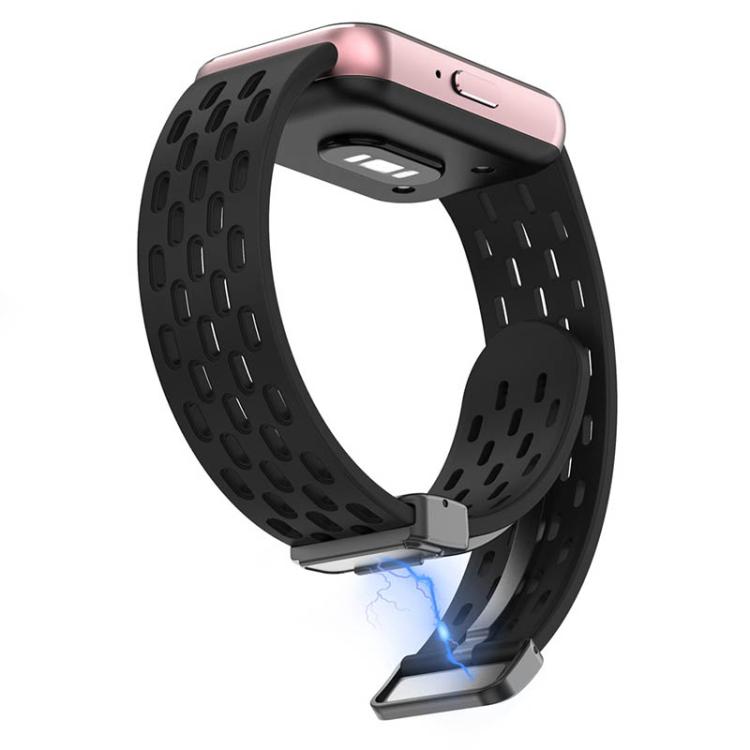 Black perforated silicone watch band with magnetic clasp shown attached to a watch