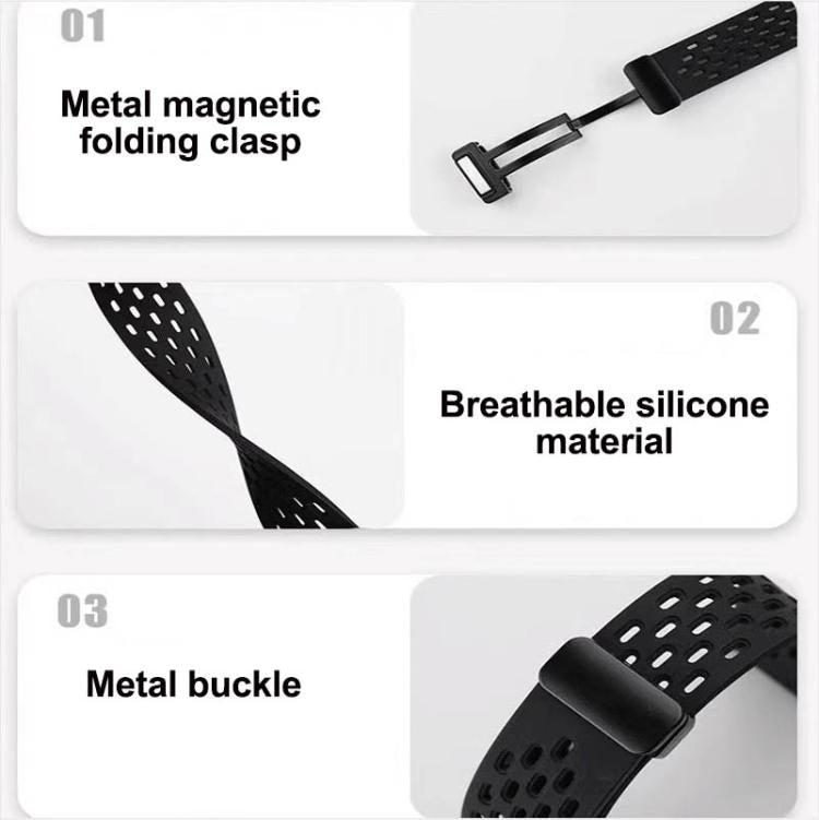 Black perforated silicone watch band detail showing its metal folding clasp and buckle