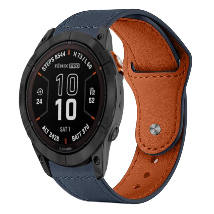 xDfind leather watch band in dark blue with brown lining and metal rivet, fitted to a watch