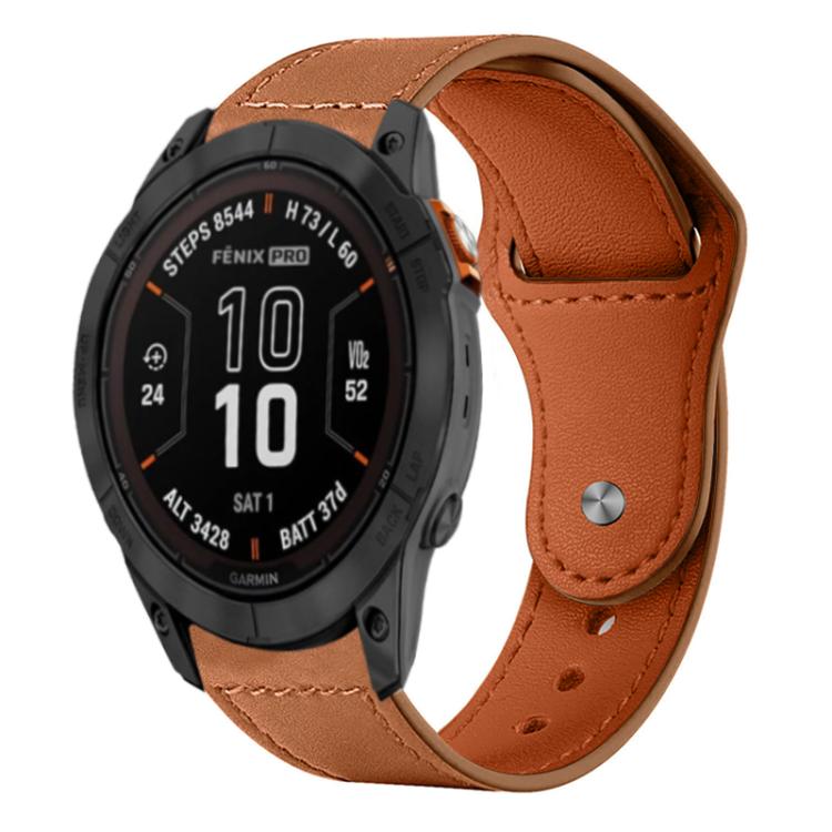 Brown leather watch band with stitching and metal rivet buckle