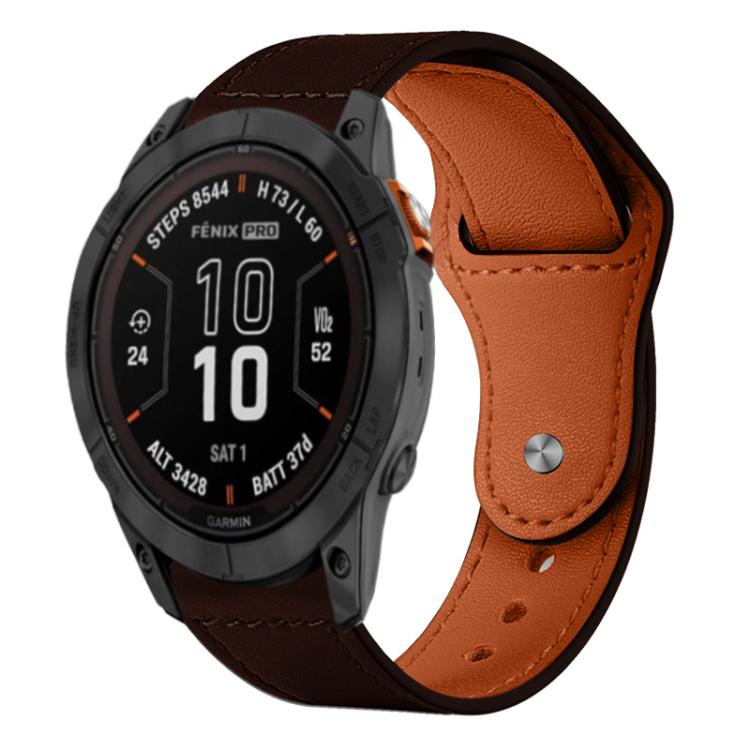 Dark brown leather watch band with brown lining and metal rivet buckle