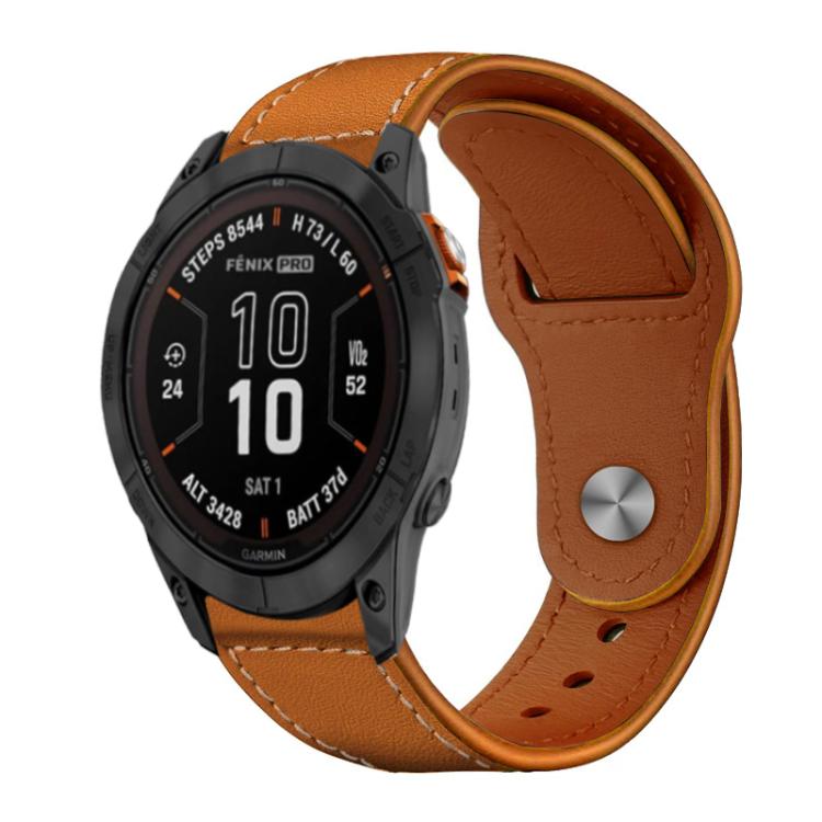 xDfind light brown leather watch band with white stitching and metal rivet, fitted to a watch
