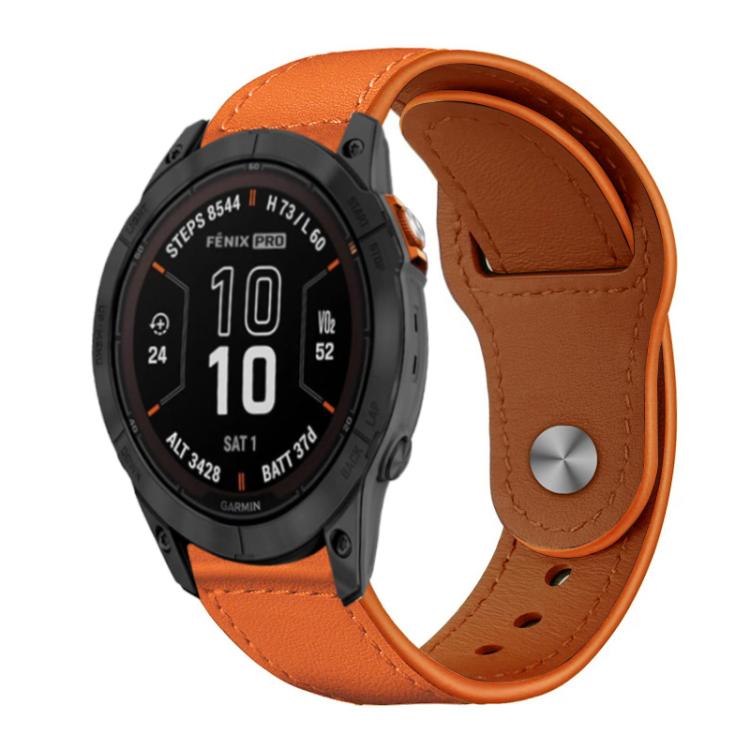 Orange leather watch band with stitching and metal rivet buckle