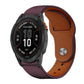 Leather watch band with plum outer panels, tan lining, stitching, and a metal rivet buckle
