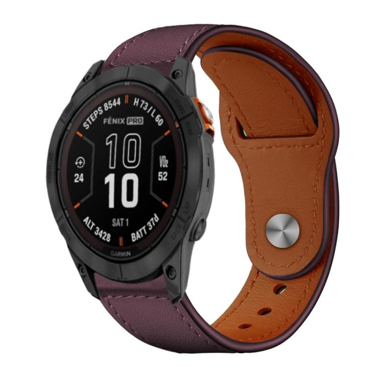 Leather watch band with plum outer panels, tan lining, stitching, and a metal rivet buckle