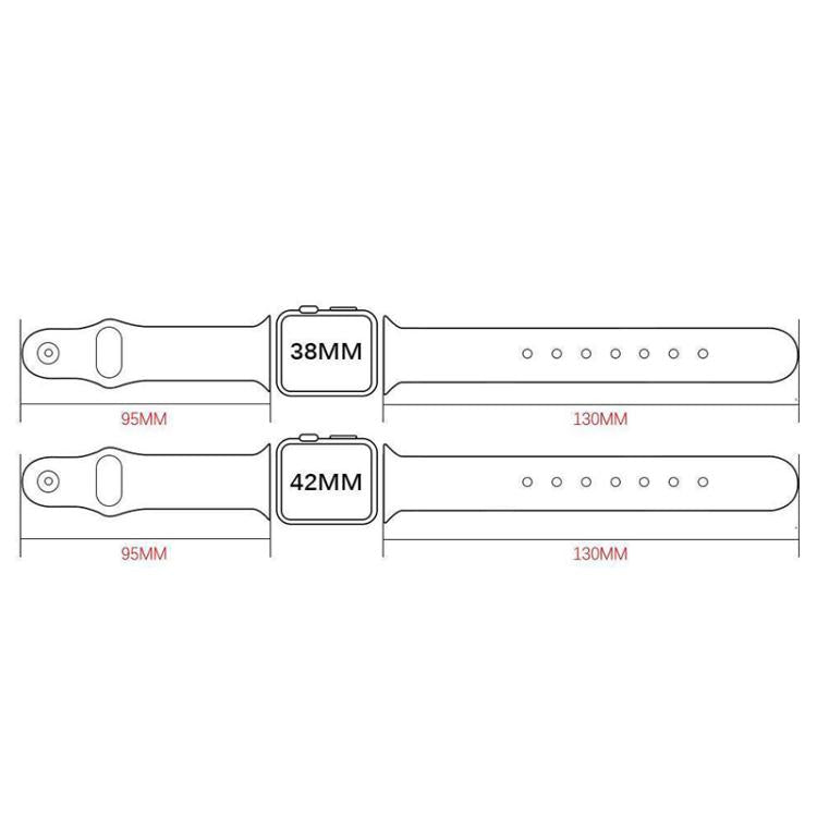 Watch band sizing diagram showing strap lengths and 38 mm and 42 mm watch widths