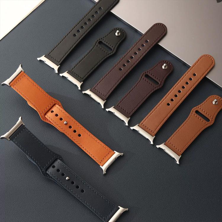 Leather watch bands in black, brown, and tan with stitched edges and adjustment holes