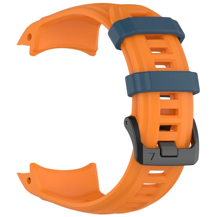 Orange silicone watch band with blue loops and buckle, shown detached