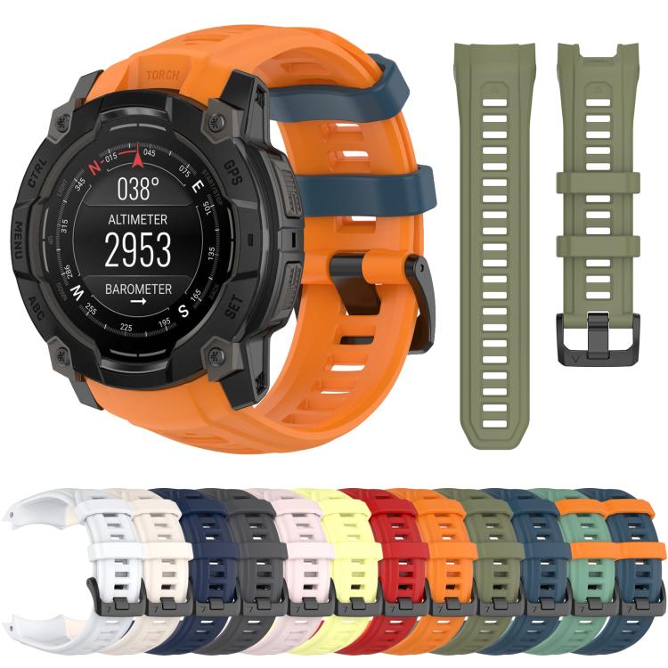 Orange and blue silicone watch band on a Garmin watch, with a row of color options