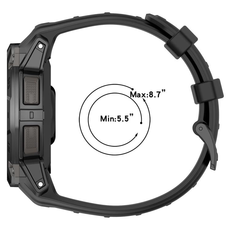 Black silicone watch band shown around a watch, with a 5.5–8.7 inch fit range