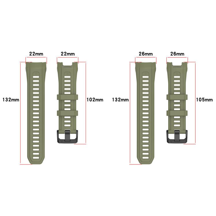 Olive green silicone watch band sections with measurements for 22 mm and 26 mm widths