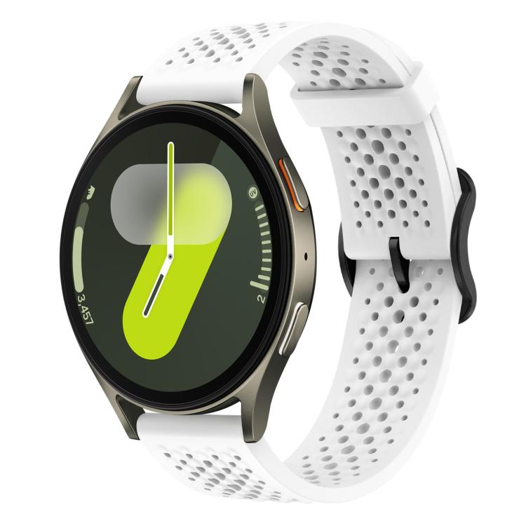 White perforated silicone watch band on a round smartwatch