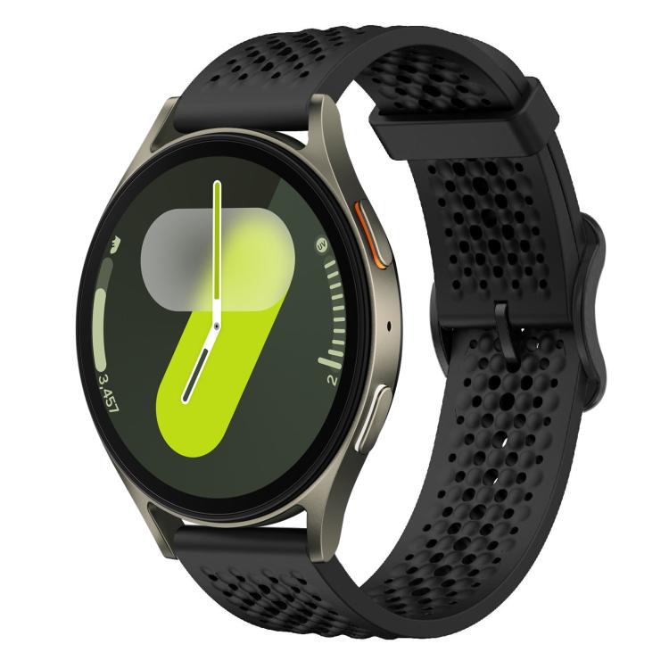 Black perforated silicone watch band with a round smartwatch
