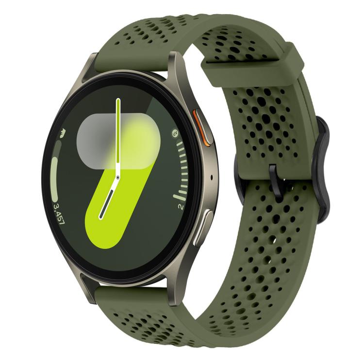 Army green perforated silicone watch band with a round smartwatch