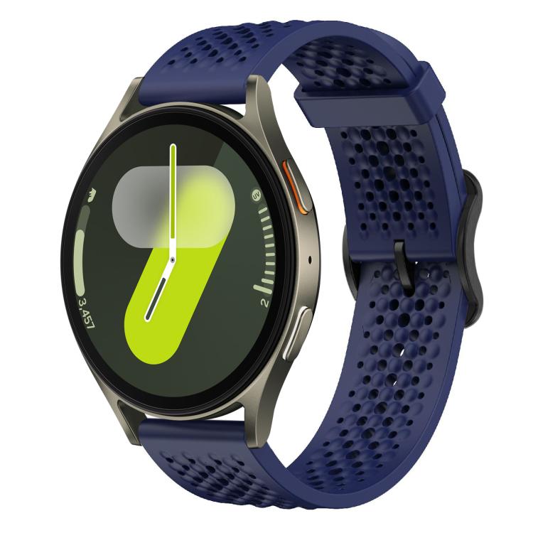 Midnight blue perforated silicone watch band with a round smartwatch