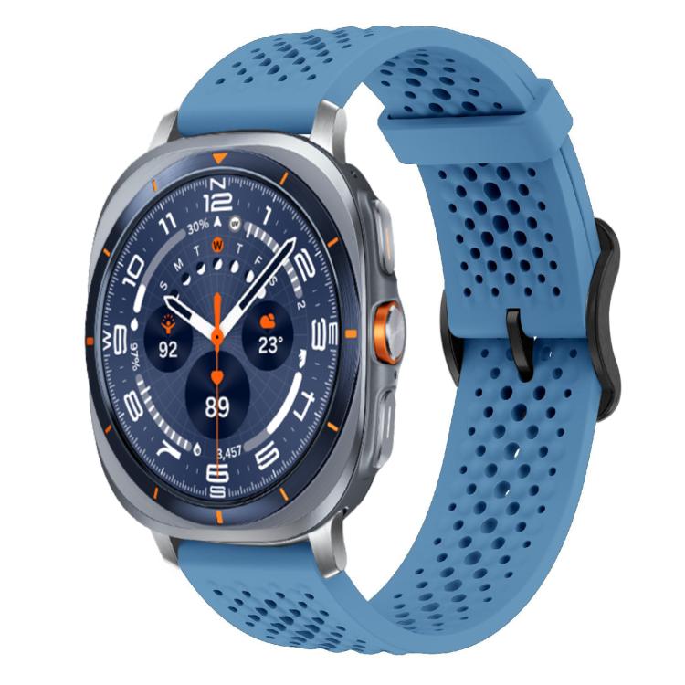 Blue perforated silicone watch band with buckle, shown attached to a smartwatch
