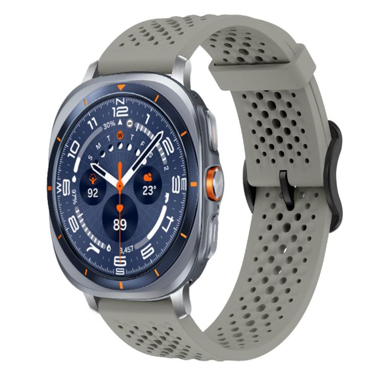 Gray perforated silicone watch band with buckle, shown attached to a smartwatch