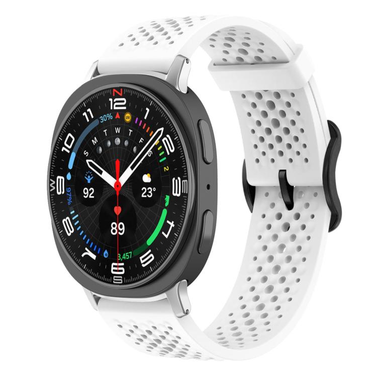 White perforated silicone watch band with a round smartwatch