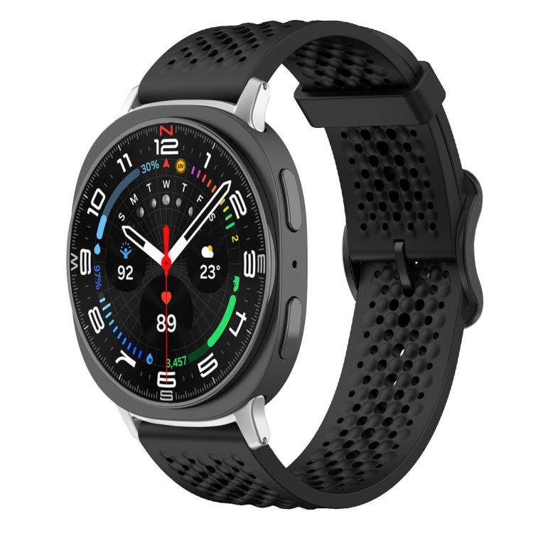 Black perforated silicone watch band with a round smartwatch