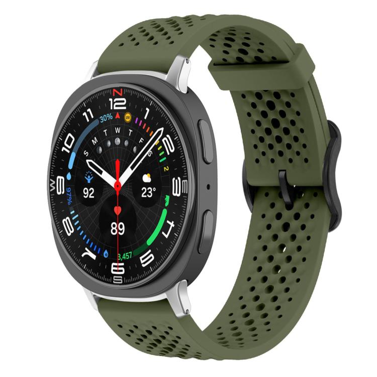 Olive green perforated silicone watch band with a round smartwatch