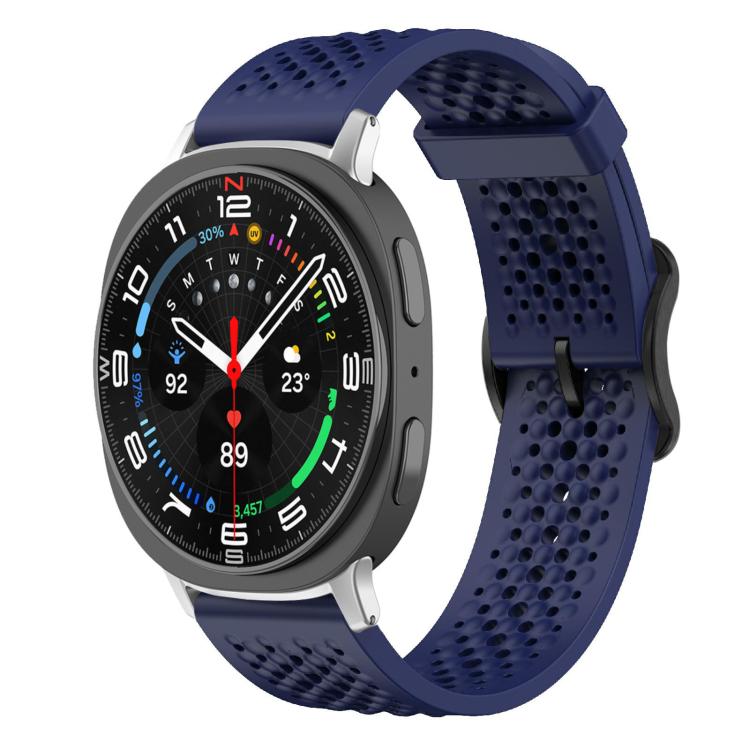 Dark blue perforated silicone watch band with a round smartwatch