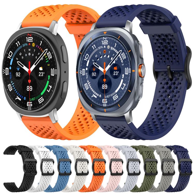Perforated silicone watch bands in orange and navy, shown on two round smartwatches