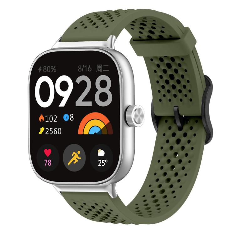 Olive green perforated silicone watch band with silver smartwatch