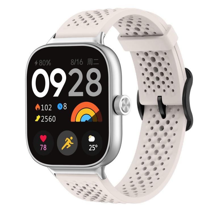 Off-white perforated silicone watch band with silver smartwatch