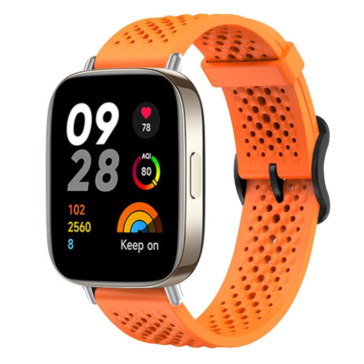 Orange perforated silicone smartwatch band shown fitted to a rectangular smartwatch