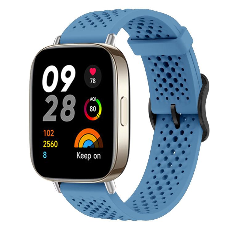 Blue perforated silicone watch band shown on a smartwatch