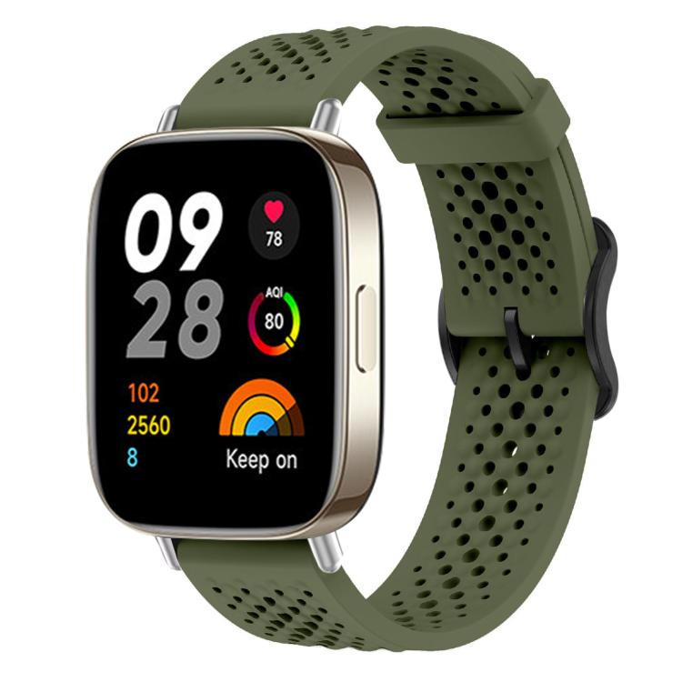 Army green perforated silicone watch band shown on a smartwatch