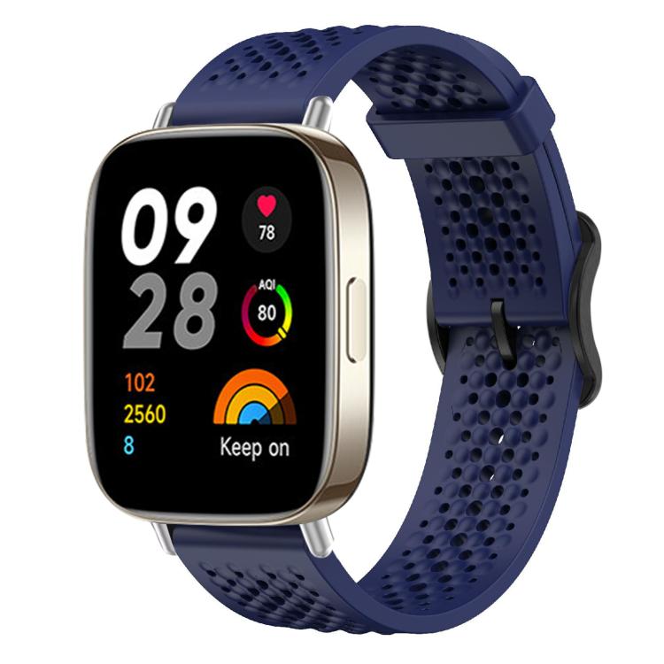 Midnight blue perforated silicone watch band shown on a smartwatch